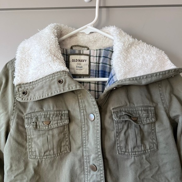 Old Navy Olive Green Utility Bomber Jacket Sherpa Lined Collar Women's Small - Picture 3 of 13